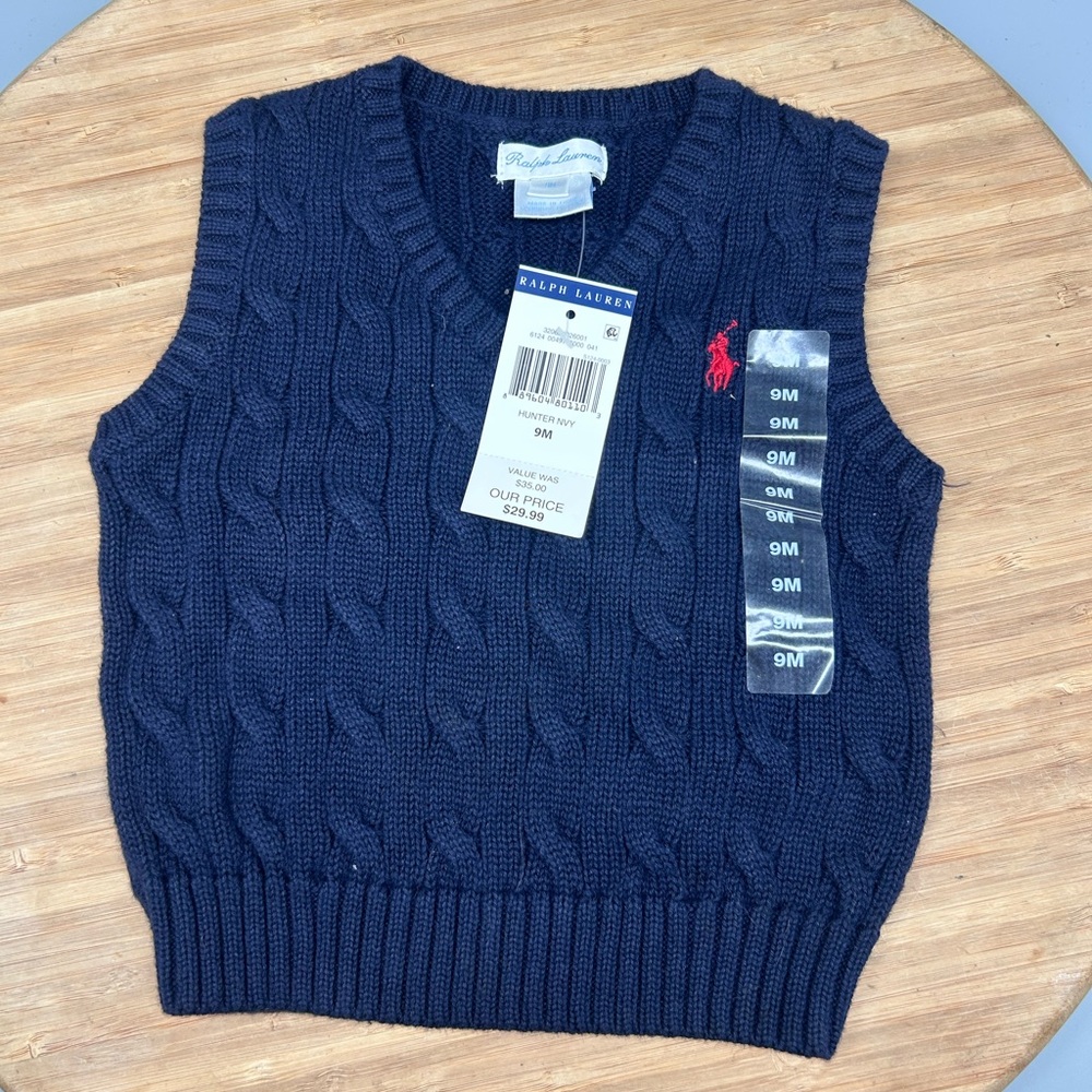 Polo Ralph Lauren Cable Knit Sweater Vest NavyBoys NWT Classic Pony 9 Months